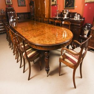 Vintage Marquetry Burr Walnut Extending Dining Table With 16 Chairs