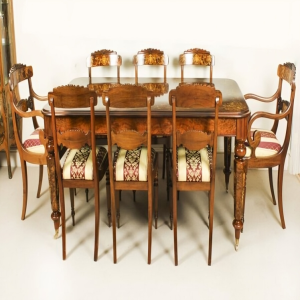 Bespoke Handmade Burr Walnut & Marquetry Dining Table With 8 Chairs