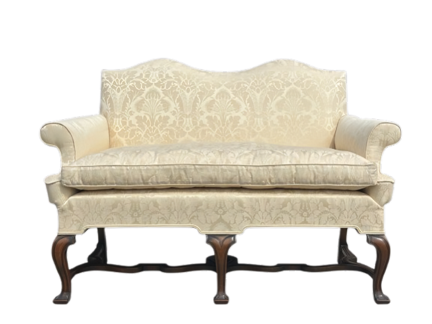 Antique walnut love seat with cream damask upholstery in Cape Town